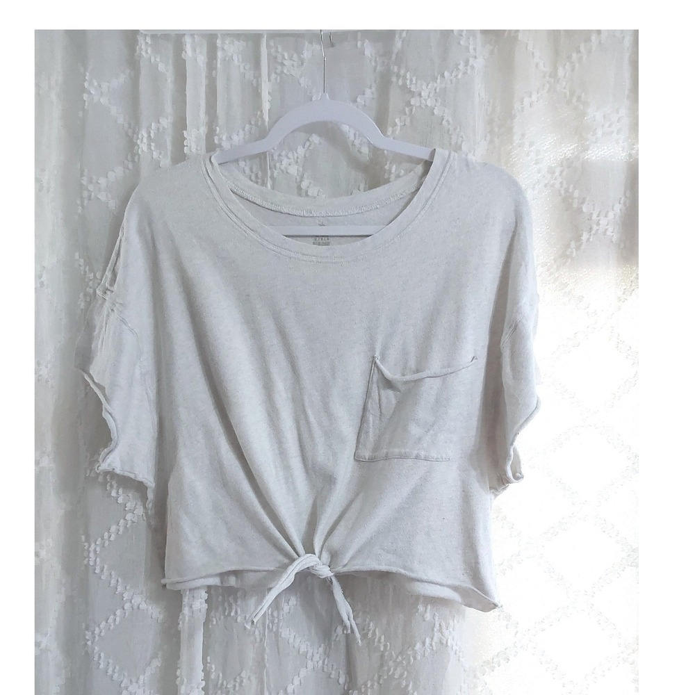 Aerie Offline Womens Small Oatmeal Heather Tie Front Cropped Pocket T-Shirt